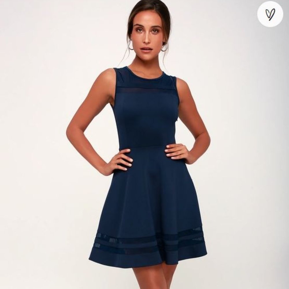 Lulus Final Stretch Navy Blue Dress with Mesh Stripes
